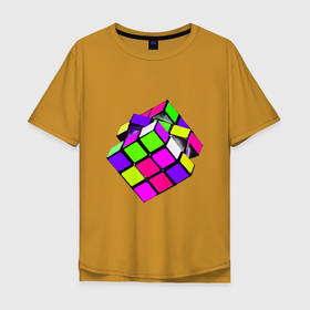 Мужская футболка хлопок Oversize с принтом Кубик Рубика маслом в Петрозаводске, 100% хлопок | свободный крой, круглый ворот, “спинка” длиннее передней части | игра | игрушка | квадрат | кислотный | куб | кубик | кубик рубика | математика | яркий | ярко