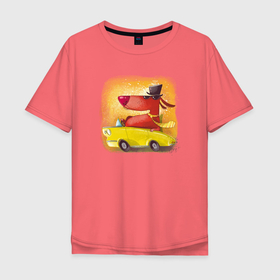 Мужская футболка хлопок Oversize с принтом Пес в шляпе едет на желтой машине в Санкт-Петербурге, 100% хлопок | свободный крой, круглый ворот, “спинка” длиннее передней части | желтая машина | пес | поездка | собака | собака в шляпе | щенок