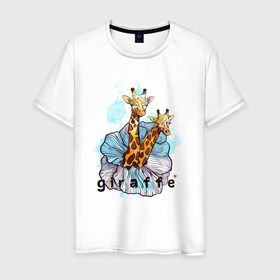 Мужская футболка хлопок с принтом Парочка оранжевых в пятнышку жирафов в голубом акварельном цветке , 100% хлопок | прямой крой, круглый вырез горловины, длина до линии бедер, слегка спущенное плечо. | абстрактные жирафы | акварель | африканские жирафы | влюбленные | влюбленные жирафы | два влюбленных | животные в цветке | жиравчики | жираф | жирафы | жирафы в цветке | люблю жирафа