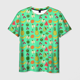 Мужская футболка 3D с принтом FAVORITE FRUITS в Екатеринбурге, 100% полиэфир | прямой крой, круглый вырез горловины, длина до линии бедер | a | favorite | food | grapes | green | healthy | kiwi | lemon | raspberry | strawberry | summer | yellow | ананас | арбуз | банан | вегетарианец | виноград | еда | желтые | зеленые | киви | клубника | красный | летние | лимон | любимые | малина