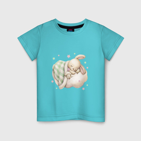 Детская футболка хлопок с принтом Зайка спит на облачке в Курске, 100% хлопок | круглый вырез горловины, полуприлегающий силуэт, длина до линии бедер | Тематика изображения на принте: unique | для девочек | зайка | зайчик | звезды | облако | овечка
