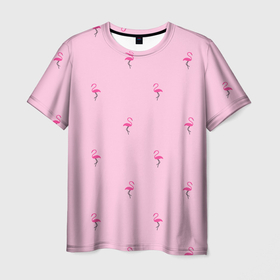 Мужская футболка 3D с принтом Фламинго на розовом фоне в Новосибирске, 100% полиэфир | прямой крой, круглый вырез горловины, длина до линии бедер | birds | delicate | flamingo | minimalism | minimalistic | nature | pattern | pink | seamless | summer | vacation | бесшовный | изящный | лето | минимализм | минималистичный | отпуск | паттерн | природа | птицы | розовый | фламинго