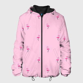 Мужская куртка 3D с принтом Фламинго на розовом фоне в Санкт-Петербурге, ткань верха — 100% полиэстер, подклад — флис | прямой крой, подол и капюшон оформлены резинкой с фиксаторами, два кармана без застежек по бокам, один большой потайной карман на груди. Карман на груди застегивается на липучку | Тематика изображения на принте: birds | delicate | flamingo | minimalism | minimalistic | nature | pattern | pink | seamless | summer | vacation | бесшовный | изящный | лето | минимализм | минималистичный | отпуск | паттерн | природа | птицы | розовый | фламинго