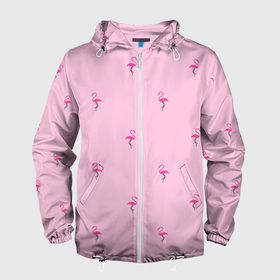 Мужская ветровка 3D с принтом Фламинго на розовом фоне в Екатеринбурге, 100% полиэстер | подол и капюшон оформлены резинкой с фиксаторами, два кармана без застежек по бокам, один потайной карман на груди | birds | delicate | flamingo | minimalism | minimalistic | nature | pattern | pink | seamless | summer | vacation | бесшовный | изящный | лето | минимализм | минималистичный | отпуск | паттерн | природа | птицы | розовый | фламинго
