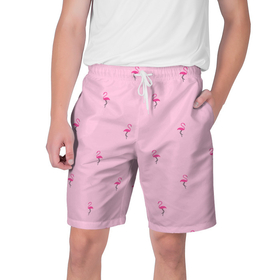 Мужские шорты 3D с принтом Фламинго на розовом фоне в Тюмени,  полиэстер 100% | прямой крой, два кармана без застежек по бокам. Мягкая трикотажная резинка на поясе, внутри которой широкие завязки. Длина чуть выше колен | birds | delicate | flamingo | minimalism | minimalistic | nature | pattern | pink | seamless | summer | vacation | бесшовный | изящный | лето | минимализм | минималистичный | отпуск | паттерн | природа | птицы | розовый | фламинго