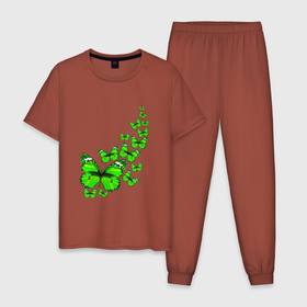 Мужская пижама хлопок с принтом Butterfly зеленые в Тюмени, 100% хлопок | брюки и футболка прямого кроя, без карманов, на брюках мягкая резинка на поясе и по низу штанин
 | butterfly | бабочка | бабочки | весна | воздух | гусеница | зелёный | коконопряд | красивое | красивый | красота | куколка | летать | лететь | лето | мотылёк | насекомое | насекомые | настроение