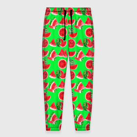 Мужские брюки 3D с принтом DELICIOUS WATERMELON в Тюмени, 100% полиэстер | манжеты по низу, эластичный пояс регулируется шнурком, по бокам два кармана без застежек, внутренняя часть кармана из мелкой сетки | Тематика изображения на принте: арбуз | еда | зеленый | красный | лето | розовый | фрукты