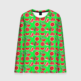 Мужской лонгслив 3D с принтом DELICIOUS WATERMELON в Тюмени, 100% полиэстер | длинные рукава, круглый вырез горловины, полуприлегающий силуэт | Тематика изображения на принте: арбуз | еда | зеленый | красный | лето | розовый | фрукты