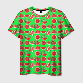 Мужская футболка 3D с принтом DELICIOUS WATERMELON в Новосибирске, 100% полиэфир | прямой крой, круглый вырез горловины, длина до линии бедер | арбуз | еда | зеленый | красный | лето | розовый | фрукты