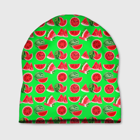 Шапка 3D с принтом DELICIOUS WATERMELON в Тюмени, 100% полиэстер | универсальный размер, печать по всей поверхности изделия | Тематика изображения на принте: арбуз | еда | зеленый | красный | лето | розовый | фрукты