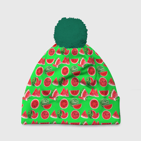Шапка 3D c помпоном с принтом DELICIOUS WATERMELON в Тюмени, 100% полиэстер | универсальный размер, печать по всей поверхности изделия | Тематика изображения на принте: арбуз | еда | зеленый | красный | лето | розовый | фрукты