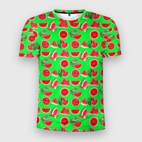 Мужская футболка 3D Slim с принтом DELICIOUS WATERMELON в Тюмени, 100% полиэстер с улучшенными характеристиками | приталенный силуэт, круглая горловина, широкие плечи, сужается к линии бедра | Тематика изображения на принте: арбуз | еда | зеленый | красный | лето | розовый | фрукты