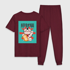 Мужская пижама хлопок с принтом Манеки Неко Art в Тюмени, 100% хлопок | брюки и футболка прямого кроя, без карманов, на брюках мягкая резинка на поясе и по низу штанин
 | Тематика изображения на принте: japan | иероглиф | китай | кот | кошка | манеки неко | талисман | япония