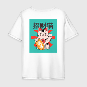 Мужская футболка хлопок Oversize с принтом Манеки Неко Art в Белгороде, 100% хлопок | свободный крой, круглый ворот, “спинка” длиннее передней части | Тематика изображения на принте: japan | иероглиф | китай | кот | кошка | манеки неко | талисман | япония
