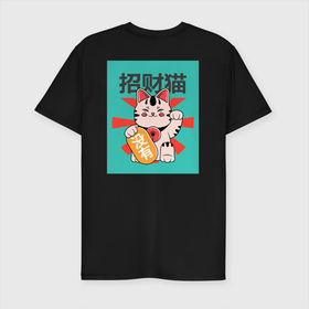Мужская футболка хлопок Slim с принтом Манеки Неко Art в Новосибирске, 92% хлопок, 8% лайкра | приталенный силуэт, круглый вырез ворота, длина до линии бедра, короткий рукав | japan | иероглиф | китай | кот | кошка | манеки неко | талисман | япония