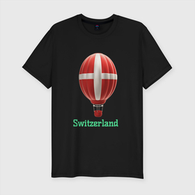 Мужская футболка хлопок Slim с принтом 3d aerostat Switzerland flag в Екатеринбурге, 92% хлопок, 8% лайкра | приталенный силуэт, круглый вырез ворота, длина до линии бедра, короткий рукав | 3d | 3d aerostat | aerostat | air ballon | ballon | hot air ballon | switzerland | switzerland flag