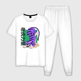 Мужская пижама хлопок с принтом Purple Tiger в Петрозаводске, 100% хлопок | брюки и футболка прямого кроя, без карманов, на брюках мягкая резинка на поясе и по низу штанин
 | tiger | азия | иероглиф | китай | тигр | япония | яркий