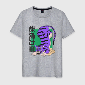 Мужская футболка хлопок с принтом Purple Tiger , 100% хлопок | прямой крой, круглый вырез горловины, длина до линии бедер, слегка спущенное плечо. | tiger | азия | иероглиф | китай | тигр | япония | яркий