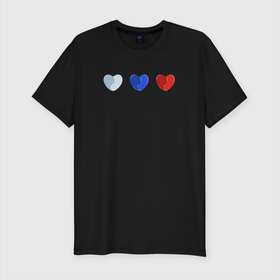 Мужская футболка хлопок Slim с принтом Триколор в сердечках в Белгороде, 92% хлопок, 8% лайкра | приталенный силуэт, круглый вырез ворота, длина до линии бедра, короткий рукав | люблю россию | россия | рф | сердечки | сердца | триколор