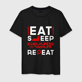 Мужская футболка хлопок с принтом Надпись Eat Sleep Gears of War Repeat в Новосибирске, 100% хлопок | прямой крой, круглый вырез горловины, длина до линии бедер, слегка спущенное плечо. | eat sleep repeat | gears | gears of war | logo | war | вар | гирс | игра | игры | лого | логотип | символ