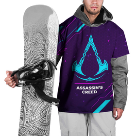 Накидка на куртку 3D с принтом Символ Assassins Creed в неоновых цветах на темном фоне в Кировске, 100% полиэстер |  | creed | logo | neon | paint | ассасин | брызги | игра | игры | краска | крид | лого | логотип | неон | символ