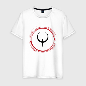 Мужская футболка хлопок с принтом Символ Quake и красная краска вокруг в Белгороде, 100% хлопок | прямой крой, круглый вырез горловины, длина до линии бедер, слегка спущенное плечо. | logo | quake | игра | игры | квейк | краска | лого | логотип | символ