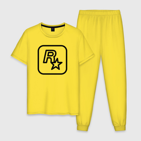 Мужская пижама хлопок с принтом Логотип Rockstar games ч б в Кировске, 100% хлопок | брюки и футболка прямого кроя, без карманов, на брюках мягкая резинка на поясе и по низу штанин
 | Тематика изображения на принте: арт | видеоигра | гта | логотип | принт