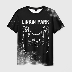 Мужская футболка 3D с принтом Группа Linkin Park и Рок Кот в Курске, 100% полиэфир | прямой крой, круглый вырез горловины, длина до линии бедер | Тематика изображения на принте: band | linkin | linkin park | metal | park | rock | группа | кот | краска | краски | линкин | парк | рок | рок кот