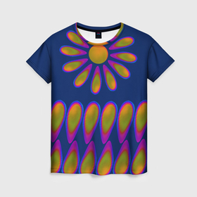 Женская футболка 3D с принтом Голографические капли на синем фоне в Екатеринбурге, 100% полиэфир ( синтетическое хлопкоподобное полотно) | прямой крой, круглый вырез горловины, длина до линии бедер | голограмма | капли | узор | цветной | цветок