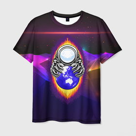 Мужская футболка 3D с принтом Космонавт держит в руках планету , 100% полиэфир | прямой крой, круглый вырез горловины, длина до линии бедер | nasa | астронавт | космонавт | космос | черная дыра
