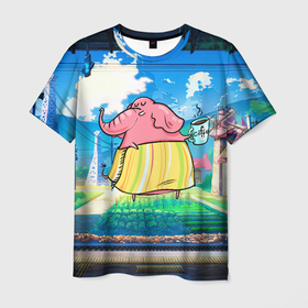 Мужская футболка 3D с принтом Слониха с  кофе , 100% полиэфир | прямой крой, круглый вырез горловины, длина до линии бедер | кофе | слон | слон в юбке | слоненок | слониха