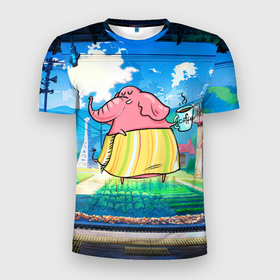 Мужская футболка 3D Slim с принтом Слониха с  кофе в Белгороде, 100% полиэстер с улучшенными характеристиками | приталенный силуэт, круглая горловина, широкие плечи, сужается к линии бедра | кофе | слон | слон в юбке | слоненок | слониха