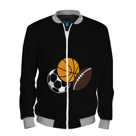 Мужской бомбер 3D с принтом Спортивные мячи в Санкт-Петербурге, 100% полиэстер | застегивается на молнию, по бокам два кармана без застежек, по низу бомбера и на воротнике - эластичная резинка | американский футбол | баскетбол | в топе | в тренде | мячи | мячики | регби | спорт | футбол