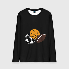 Мужской лонгслив 3D с принтом Спортивные мячи в Екатеринбурге, 100% полиэстер | длинные рукава, круглый вырез горловины, полуприлегающий силуэт | Тематика изображения на принте: американский футбол | баскетбол | в топе | в тренде | мячи | мячики | регби | спорт | футбол