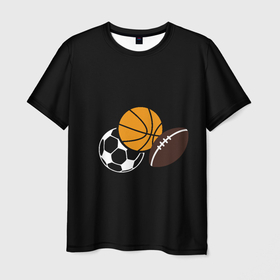 Мужская футболка 3D с принтом Спортивные мячи в Екатеринбурге, 100% полиэфир | прямой крой, круглый вырез горловины, длина до линии бедер | американский футбол | баскетбол | в топе | в тренде | мячи | мячики | регби | спорт | футбол