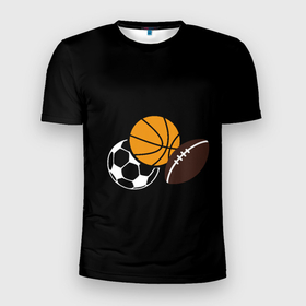 Мужская футболка 3D Slim с принтом Спортивные мячи , 100% полиэстер с улучшенными характеристиками | приталенный силуэт, круглая горловина, широкие плечи, сужается к линии бедра | американский футбол | баскетбол | в топе | в тренде | мячи | мячики | регби | спорт | футбол