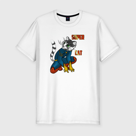 Мужская футболка хлопок Slim с принтом Суперкотик в Белгороде, 92% хлопок, 8% лайкра | приталенный силуэт, круглый вырез ворота, длина до линии бедра, короткий рукав | cat | котеное | котики | коты | кошки