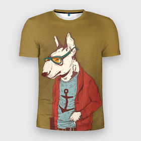 Мужская футболка 3D Slim с принтом Пёс ученый в Новосибирске, 100% полиэстер с улучшенными характеристиками | приталенный силуэт, круглая горловина, широкие плечи, сужается к линии бедра | Тематика изображения на принте: бультерьер | животное | пёс | собака | стиляга