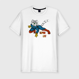 Мужская футболка хлопок Slim с принтом Кот супер в Екатеринбурге, 92% хлопок, 8% лайкра | приталенный силуэт, круглый вырез ворота, длина до линии бедра, короткий рукав | cat | котенок | котики | коты | кошки