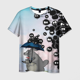 Мужская футболка 3D с принтом Тоторо бегущий от чернушек в Новосибирске, 100% полиэфир | прямой крой, круглый вырез горловины, длина до линии бедер | Тематика изображения на принте: totoro | аниме | бег | зонт | тоторо | чернушка