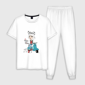 Мужская пижама хлопок с принтом TODAY IS A GOOD DAY в Петрозаводске, 100% хлопок | брюки и футболка прямого кроя, без карманов, на брюках мягкая резинка на поясе и по низу штанин
 | cat | girl | good day | hearts | positive | scooter | девушка | кошка | мотороллер | позитив | сердечки | хороший день