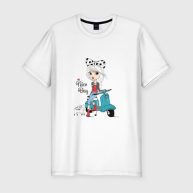 Мужская футболка хлопок Slim с принтом TODAY IS A GOOD DAY в Екатеринбурге, 92% хлопок, 8% лайкра | приталенный силуэт, круглый вырез ворота, длина до линии бедра, короткий рукав | Тематика изображения на принте: cat | girl | good day | hearts | positive | scooter | девушка | кошка | мотороллер | позитив | сердечки | хороший день
