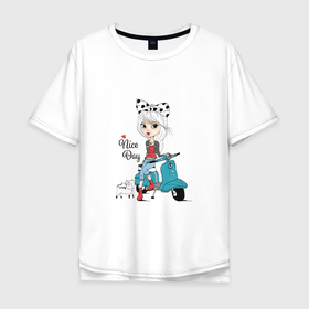 Мужская футболка хлопок Oversize с принтом TODAY IS A GOOD DAY в Екатеринбурге, 100% хлопок | свободный крой, круглый ворот, “спинка” длиннее передней части | Тематика изображения на принте: cat | girl | good day | hearts | positive | scooter | девушка | кошка | мотороллер | позитив | сердечки | хороший день