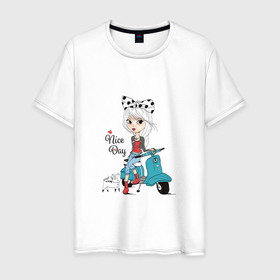 Мужская футболка хлопок с принтом TODAY IS A GOOD DAY в Екатеринбурге, 100% хлопок | прямой крой, круглый вырез горловины, длина до линии бедер, слегка спущенное плечо. | cat | girl | good day | hearts | positive | scooter | девушка | кошка | мотороллер | позитив | сердечки | хороший день