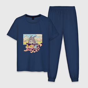 Мужская пижама хлопок с принтом Тоторо на котобусе , 100% хлопок | брюки и футболка прямого кроя, без карманов, на брюках мягкая резинка на поясе и по низу штанин
 | котобус | лес | сусуватари | тоторо | хранитель