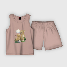 Детская пижама с шортами хлопок с принтом Львенок с мамой в Кировске,  |  | unique | для мальчиков | лев | львенок | мамина любовь | облако