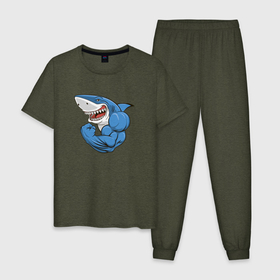 Мужская пижама хлопок с принтом Акула из Икеи на спорте в Петрозаводске, 100% хлопок | брюки и футболка прямого кроя, без карманов, на брюках мягкая резинка на поясе и по низу штанин
 | акула | акула из икеи | мускулы | спорт | спортивная акула