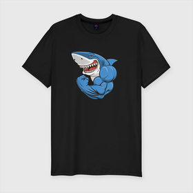 Мужская футболка хлопок Slim с принтом Акула из Икеи на спорте в Санкт-Петербурге, 92% хлопок, 8% лайкра | приталенный силуэт, круглый вырез ворота, длина до линии бедра, короткий рукав | акула | акула из икеи | мускулы | спорт | спортивная акула