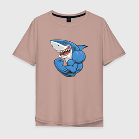 Мужская футболка хлопок Oversize с принтом Акула из Икеи на спорте в Санкт-Петербурге, 100% хлопок | свободный крой, круглый ворот, “спинка” длиннее передней части | акула | акула из икеи | мускулы | спорт | спортивная акула