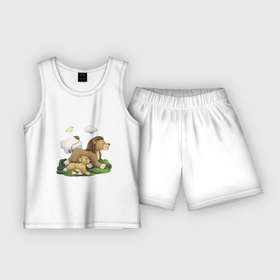 Детская пижама с шортами хлопок с принтом Львенок с папой в Тюмени,  |  | unique | бабочка | для мальчиков | лев | львенок | облако